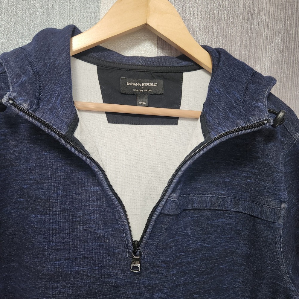 Banana Republic Mens Large Navy Blue Quarter Zip Hood Sweatshirt Coastal Casual